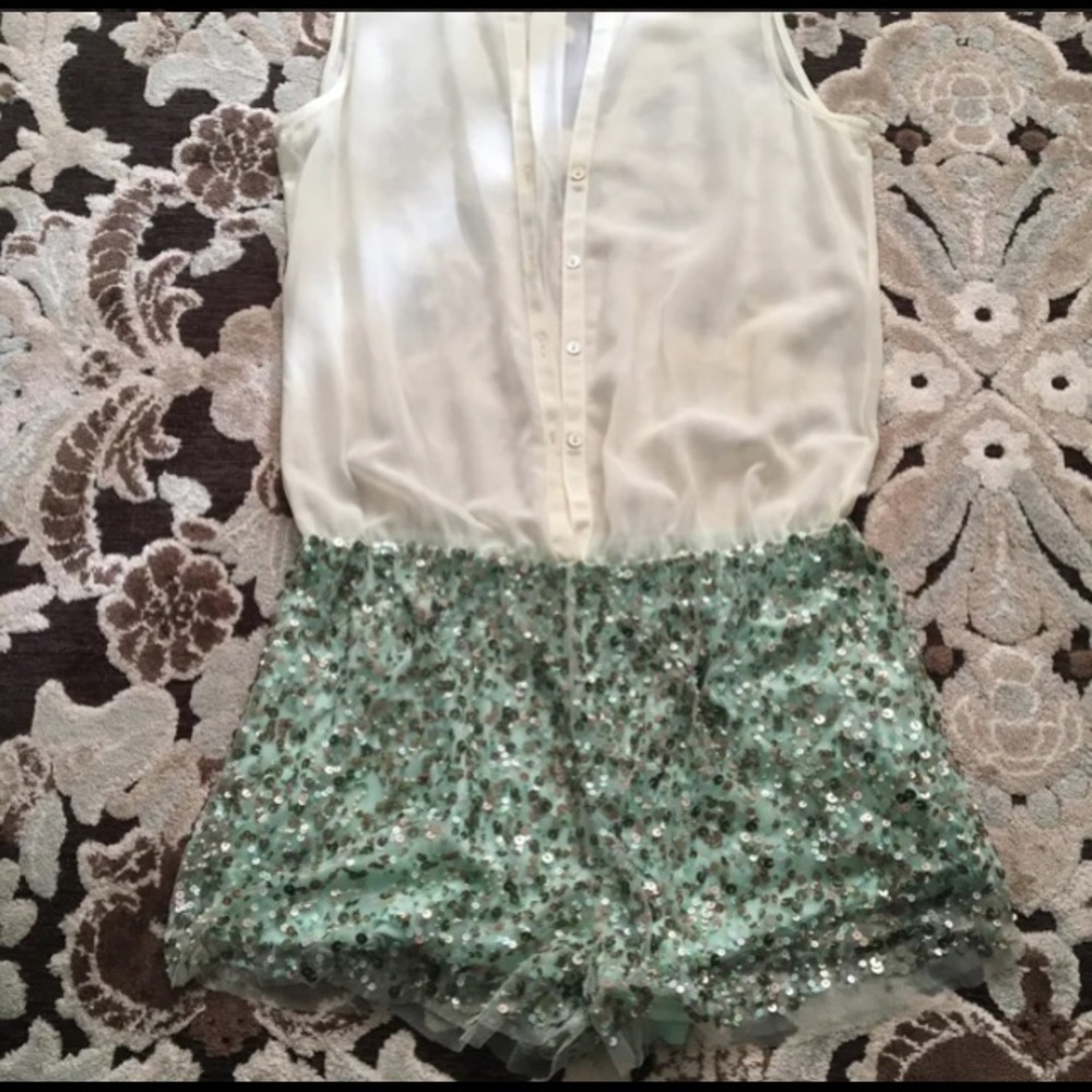 Zara Cream and Green Sequin Romper